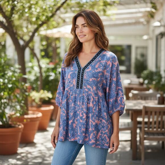 J. Jill Tops - NEW J Jill Floral Embroidered Tunic Top Large Pink Blue Flower 3/4 Length Sleeve